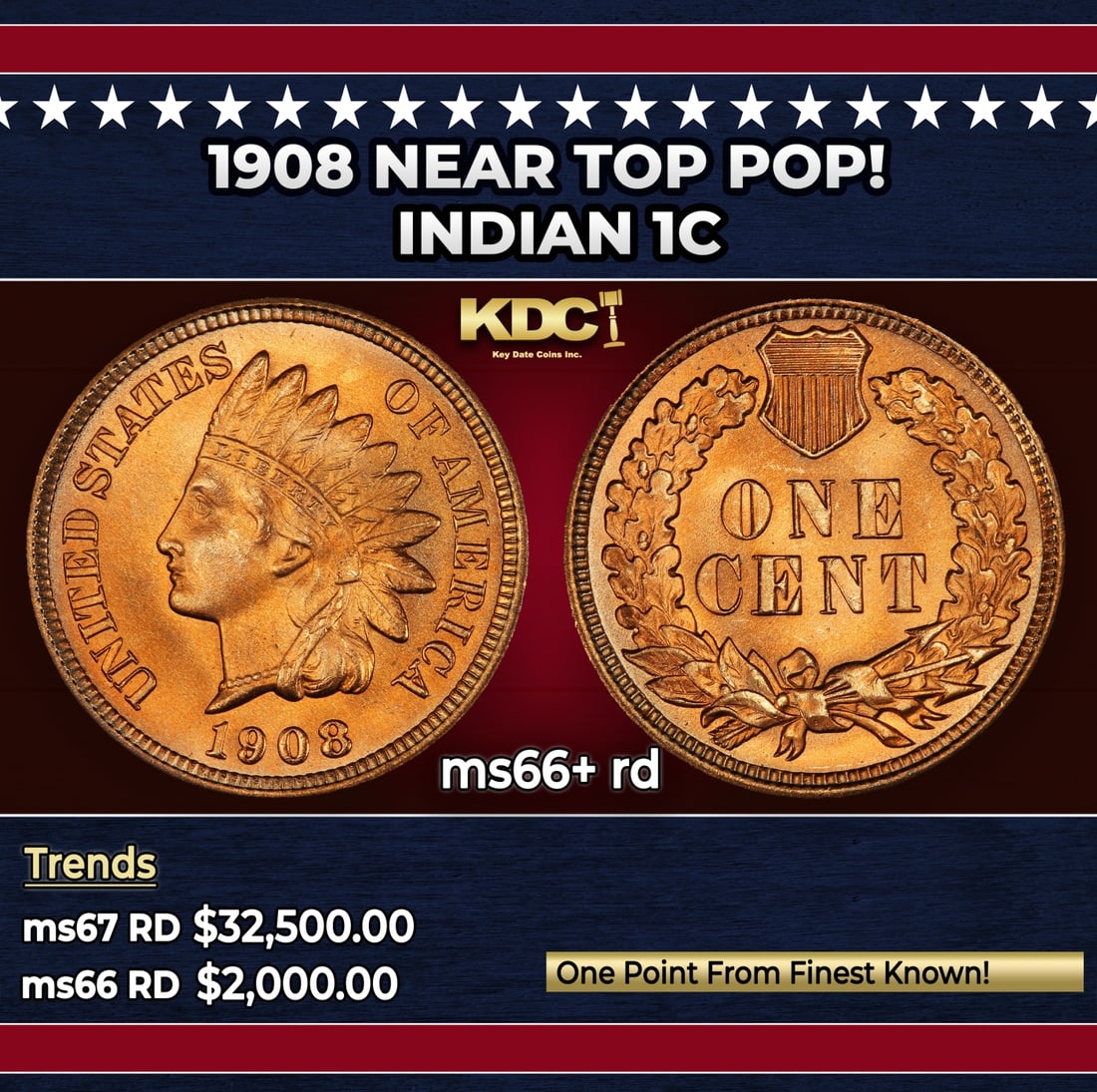 1908 Indian Cent Near Top Pop! 1c ms66+ rd SEGS: 1908 Near Top Pop! Indian Cent 1c ms66+ rd SEGS.