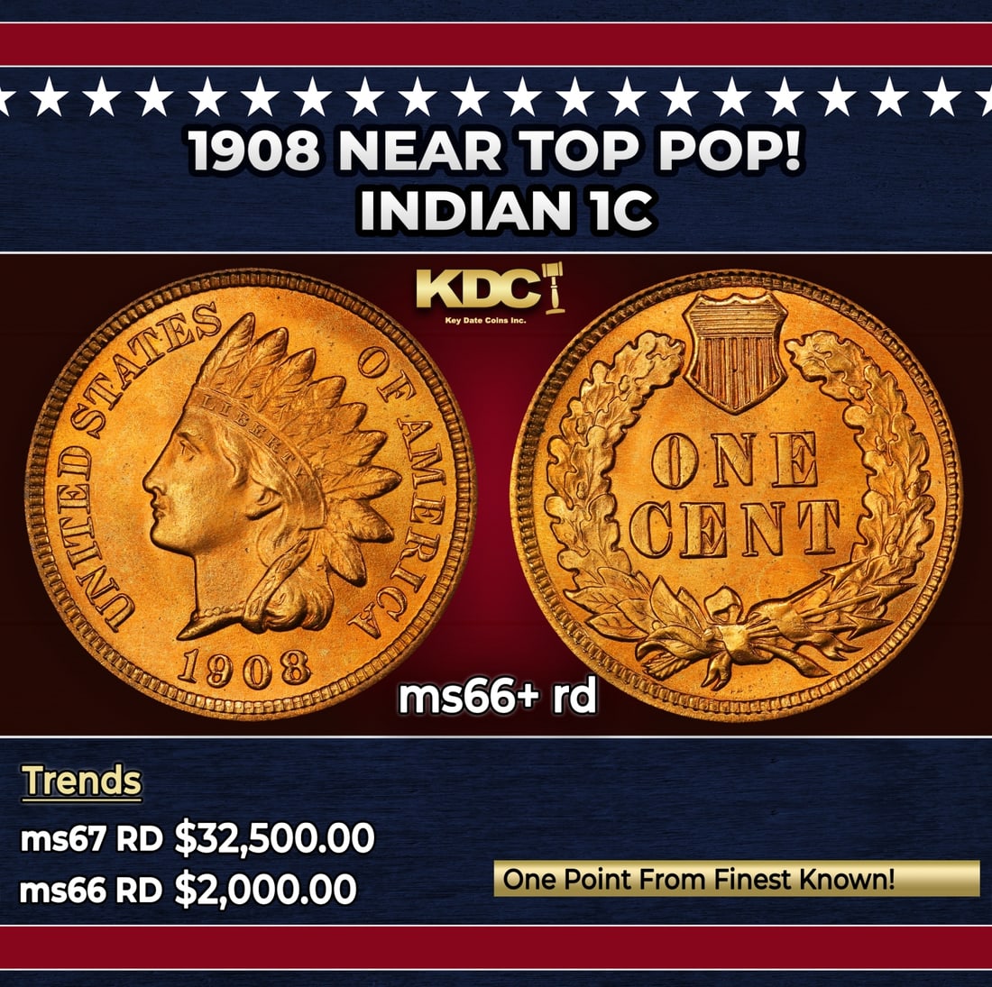 1908 Indian Cent Near Top Pop! 1c ms66+ rd SEGS: 1908 Near Top Pop! Indian Cent 1c ms66+ rd SEGS.
