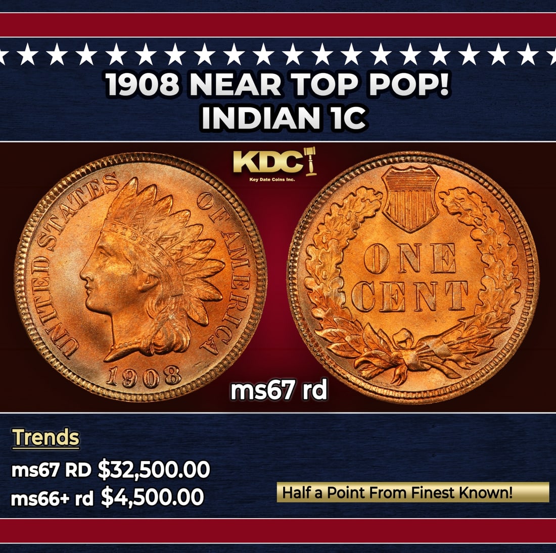 1908 Indian Cent Near Top Pop! 1c ms67 rd SEGS: 1908 Near Top Pop! Indian Cent 1c ms67 rd SEGS.