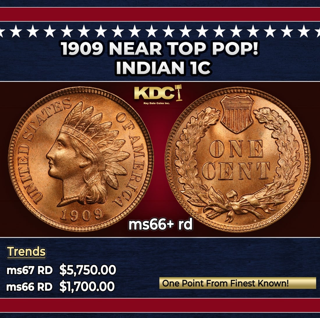 1909 Indian Cent Near Top Pop! 1c ms66+ rd SEGS: 1909 Near Top Pop! Indian Cent 1c ms66+ rd SEGS.
