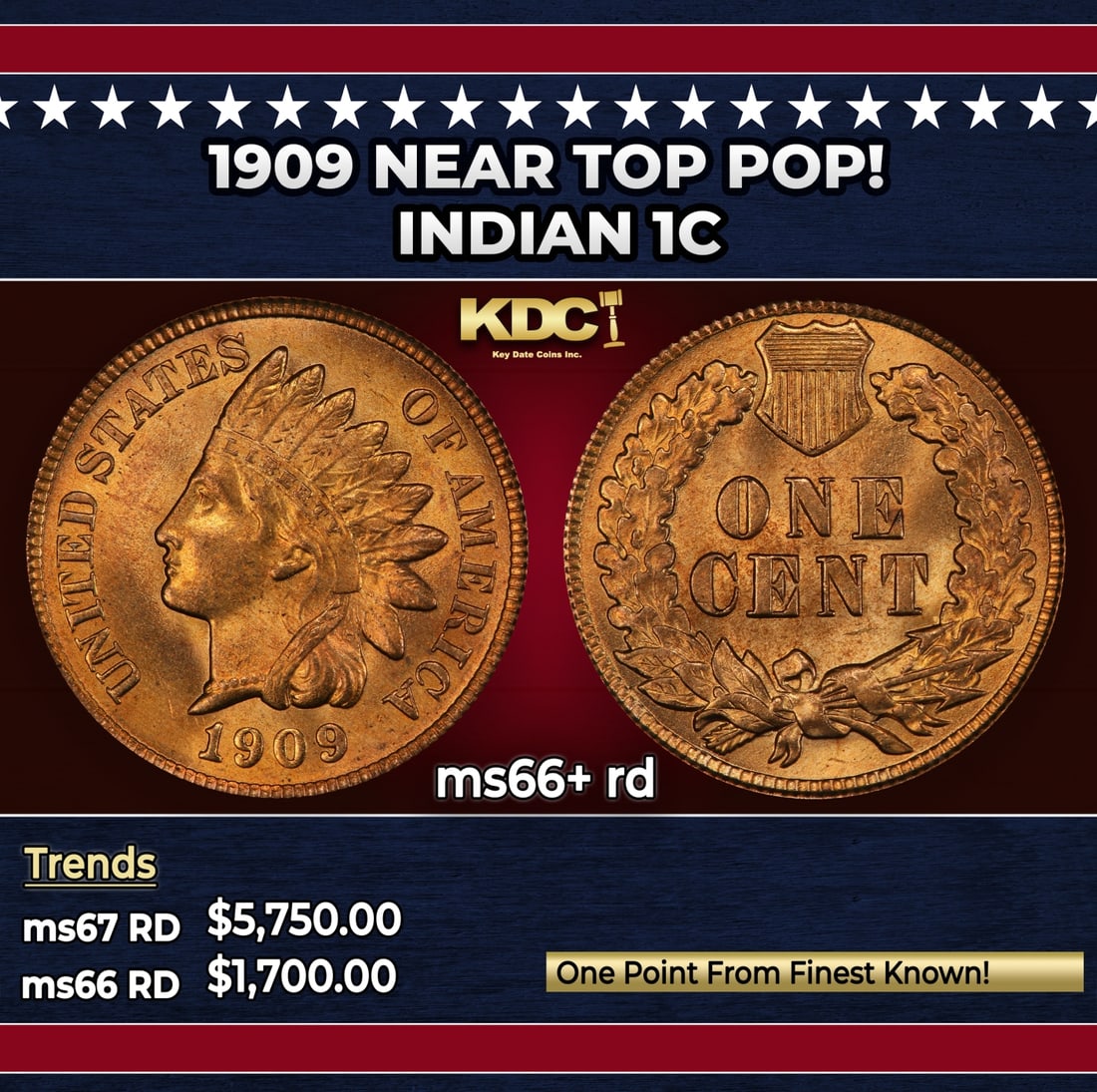 1909 Indian Cent Near Top Pop! 1c ms66+ rd SEGS: 1909 Near Top Pop! Indian Cent 1c ms66+ rd SEGS.
