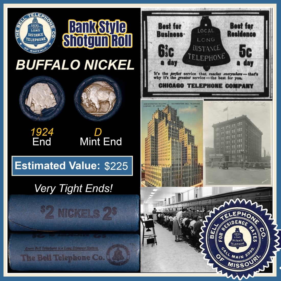 Buffalo Nickel Shotgun Roll in Old Bank Style 'Bell Telephone' Wrapper 1924 & D Mint Ends: Buffalo Nickel Shotgun Roll in Old Bank Style 'Bell Telephone' Wrapper 1924 & D Mint Ends. The roll is held in an old, rare "Bell Telephone Co." Bank style wrapper. This is the Bell Telephone logo