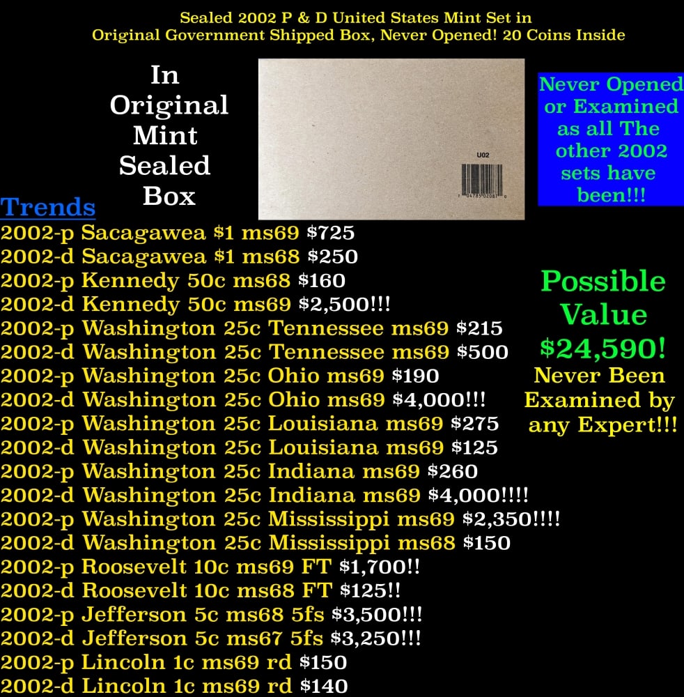Sealed 2002 United States Mint Set in Original Government Shipped Box, Never Opened! 20 Coins Ins...: Sealed 2002 United States Mint Set in Original Government Shipped Box, Never Opened! 20 Coins Inside!. The 2002 Mint Set would include a total of 20 different coins from the Philadelphia and Denver Mi