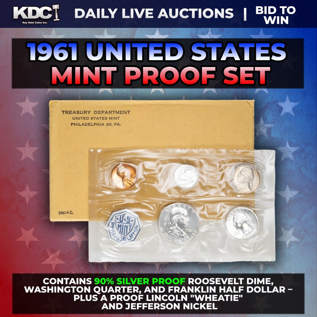 1961 United States Mint Silver Proof Set In Original Goventment Packaging, 5 Coins - Manilla Enve...: 1961 United States Mint Silver Proof Set In Original Goventment Packaging, 5 Coins - Manilla Envelope. Those who appreciate low-mintage coins of the finest quality will enjoy owning this official