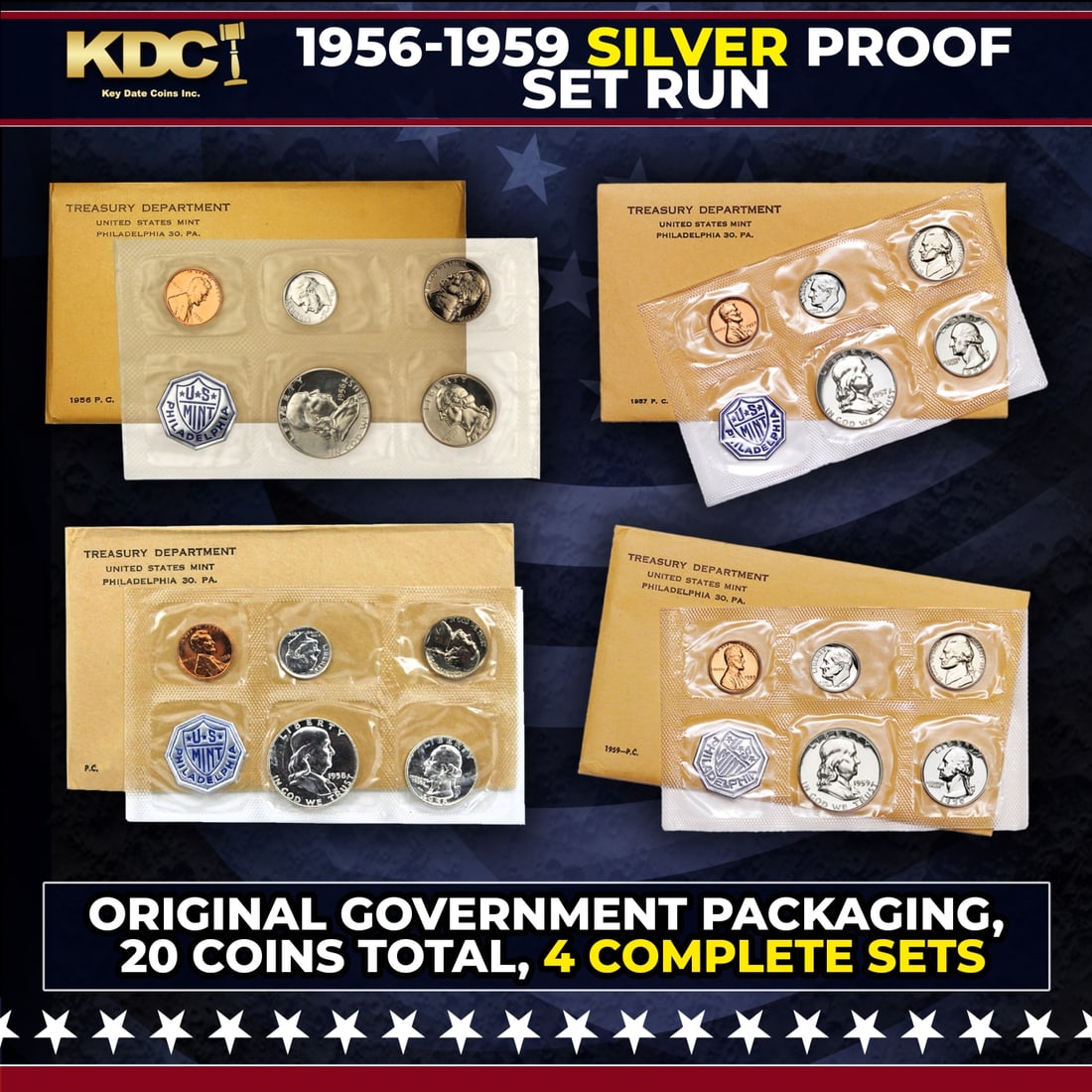1956-1959 Silver Proof Set Run in Original Government Packaging, 20 Coins Total, 4 Complete Sets: 1956-1959 Silver Proof Set Run in Original Government Packaging, 20 Coins Total, 4 Complete Sets. 1956-1959 Proof Set Run in Original Government Packaging, 20 Coins Total, 4 Complete Sets. The