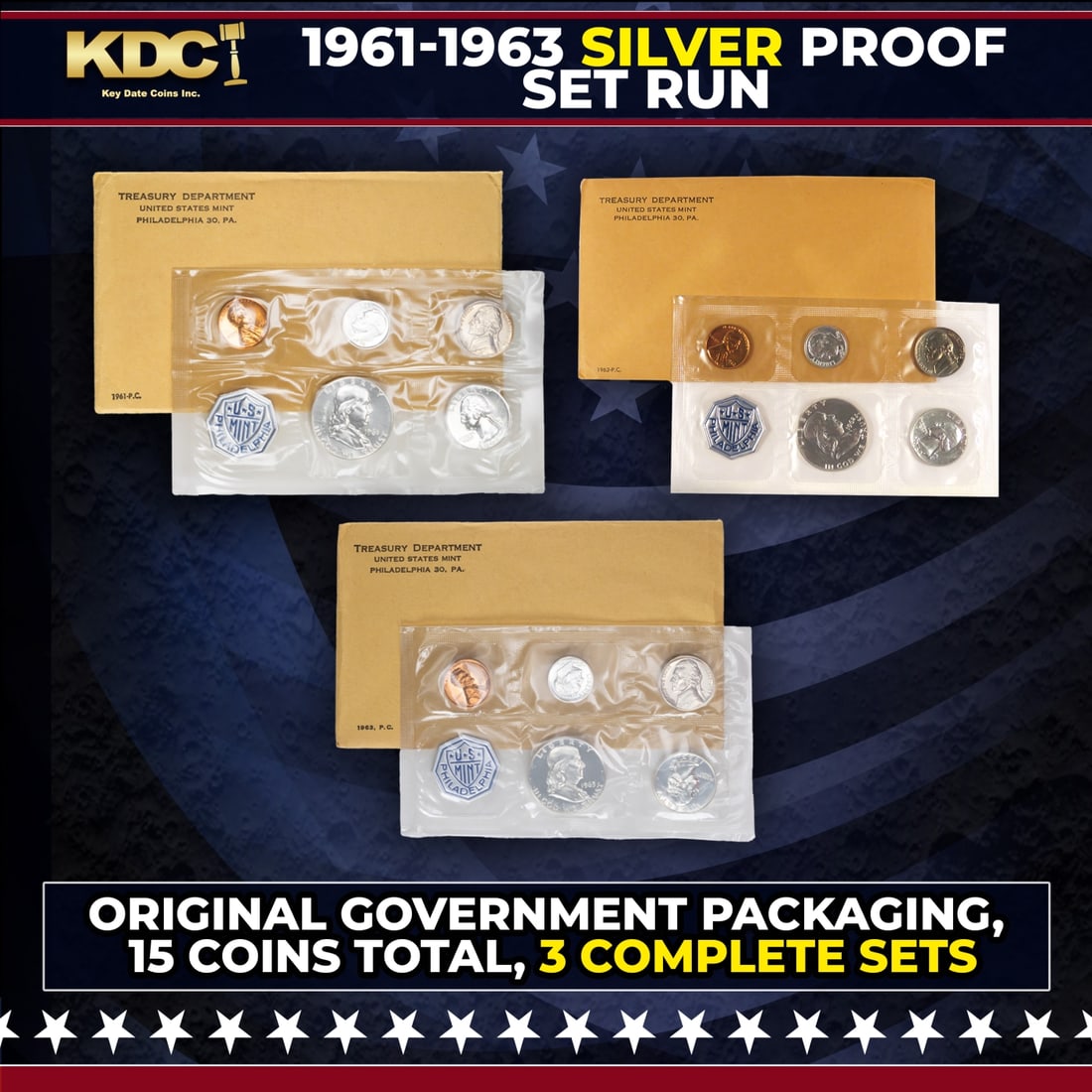 1961, 1962 & 1963 Silver Proof Sets 15 Coins In Original Government Packaging Manilla Envelope: 1961, 1962 & 1963 Silver Proof Sets 15 Coins In Original Government Packaging Manilla Envelope.