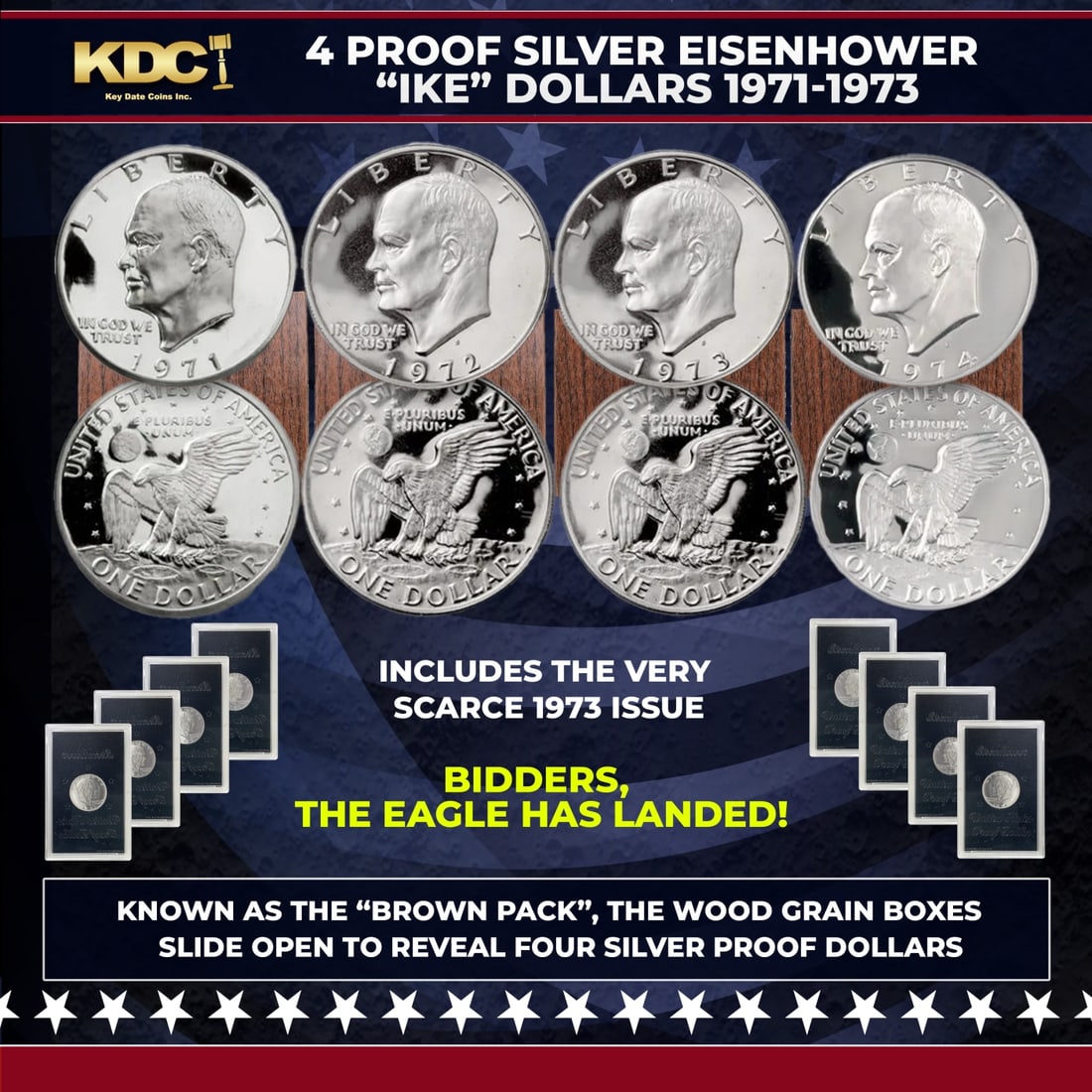 1971-1974 Full US Mint Silver Proof "Brown Ikes" Run, In Original Packaging: 1971-1974 Full US Mint Silver Proof "Brown Ikes" Run, In Original Packaging. "Brown Ikes" are 40% silver Proof Eisenhower dollars. They take their name from the fact that they were issued by the US