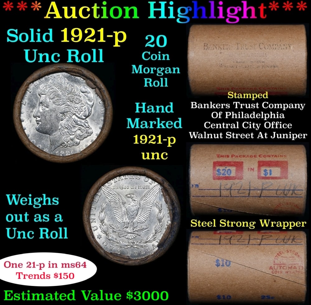 Full solid date 1921-p Uncirculated Morgan silver dollar roll, 20 coins: Full solid date 1921-p Uncirculated Morgan silver dollar roll, 20 coins. Full solid date 1921-p Uncirculated Morgan silver dollar roll, 20 coins. This roll is held in an old Steel strong wrapper,