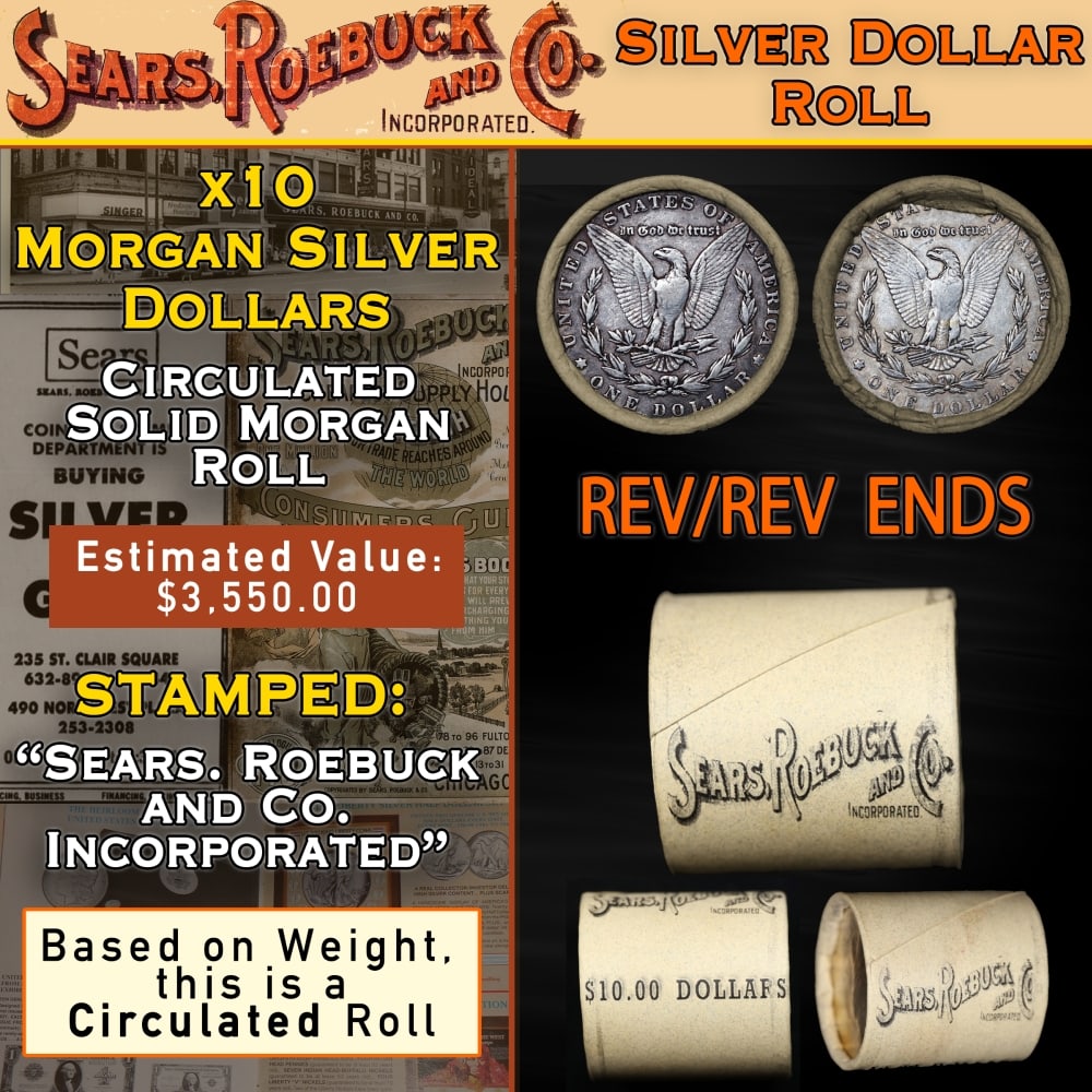 SEARS Morgan Circulated 10 Coin Silver Dollar $1 Roll 'P' Rev/'P' Rev Ends: SEARS Morgan Circulated 10 Coin Silver Dollar $1 Roll 'P' Rev/'P' Rev Ends. Up For Auction is a 67- SEARS Morgan Circulated 10 Coin Silver Dollar $1 Roll 'P' Rev/'P' Rev Ends Roll Weighing 265.1 g