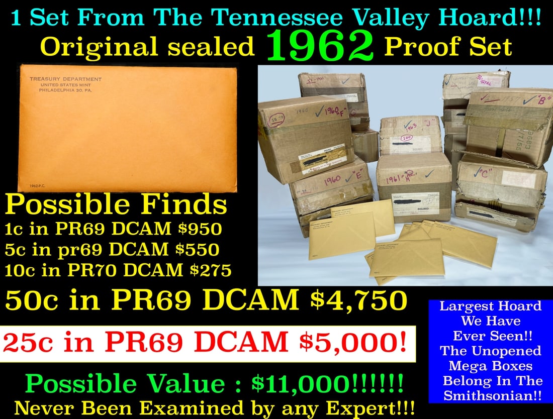 Original sealed 1962 United States Mint Proof Set Tennessee Valley Hoard: Original sealed 1962 United States Mint Proof Set Tennessee Valley Hoard. Once in a lifetime collection We are proud to bring to auction the greatest proof collection of the late 1950s and early