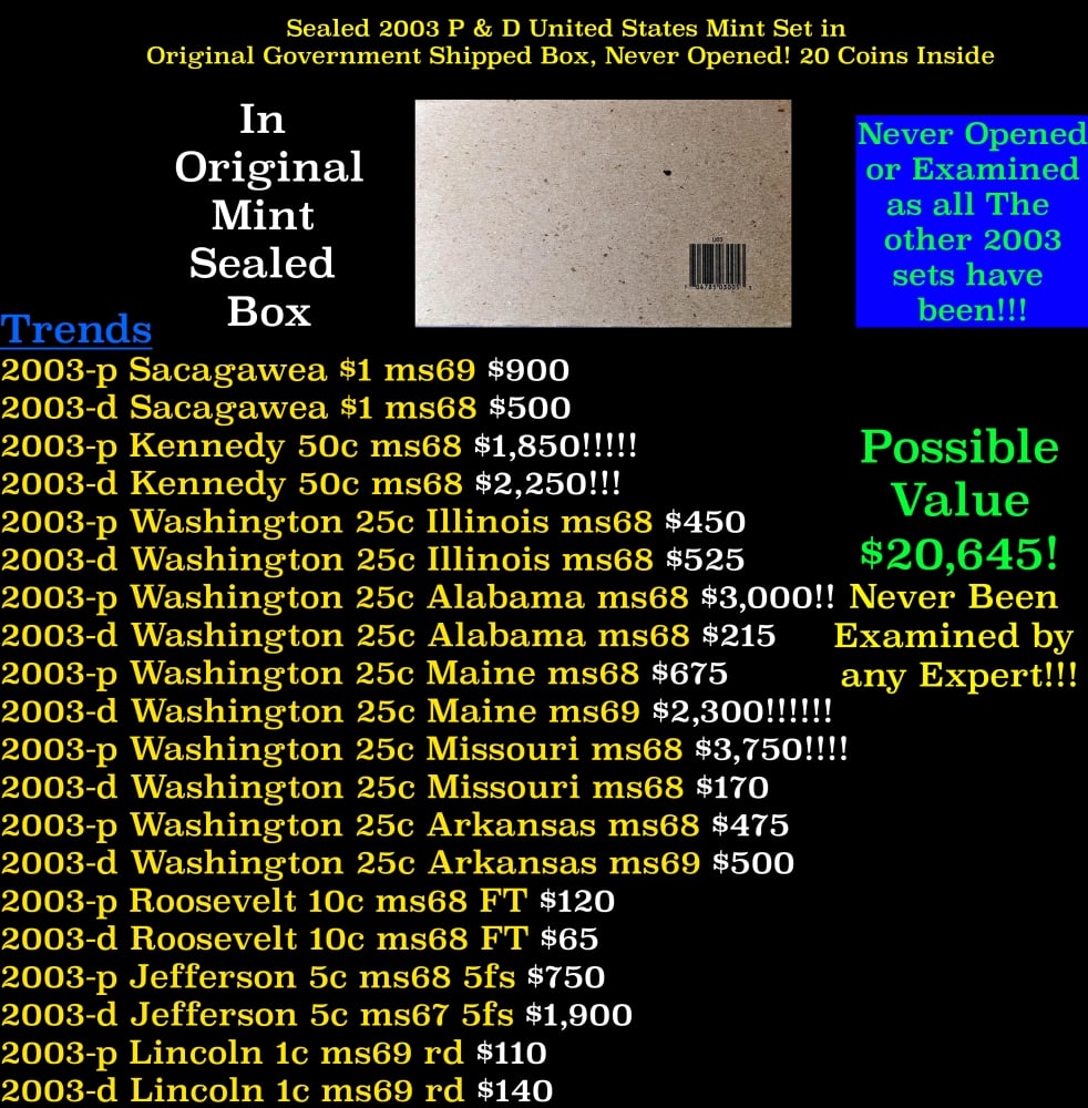 Sealed 2003 United States Mint Set in Original Government Shipped Box, Never Opened! 20 Coins Ins...: Sealed 2003 United States Mint Set in Original Government Shipped Box, Never Opened! 20 Coins Inside!. Each 2003 set included Philadelphia and Denver Mint examples of each coin issued for circulation,