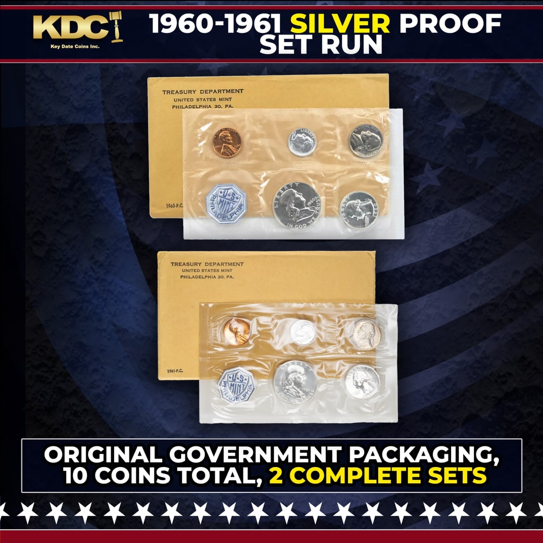 1960 & 1961 Silver Proof Sets 10 Coins In Original Government Packaging Manilla Envelope: 1960 & 1961 Silver Proof Sets 10 Coins In Original Government Packaging Manilla Envelope.