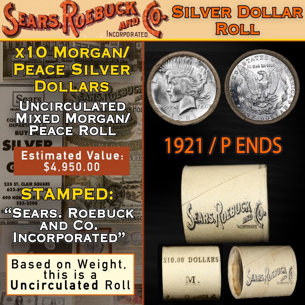 10 UNC Morgan/Peace Silver Dollar Roll SEARS 1921 Peace/Morgan 'P' Rev End: 10 UNC Morgan/Peace Silver Dollar Roll SEARS 1921 Peace/Morgan 'P' Rev End. Up For Auction is a 75- 10 UNC Morgan/Peace Silver Dollar Roll SEARS 1921 Peace/Morgan 'P' Rev End Roll Weighing 270.3 g