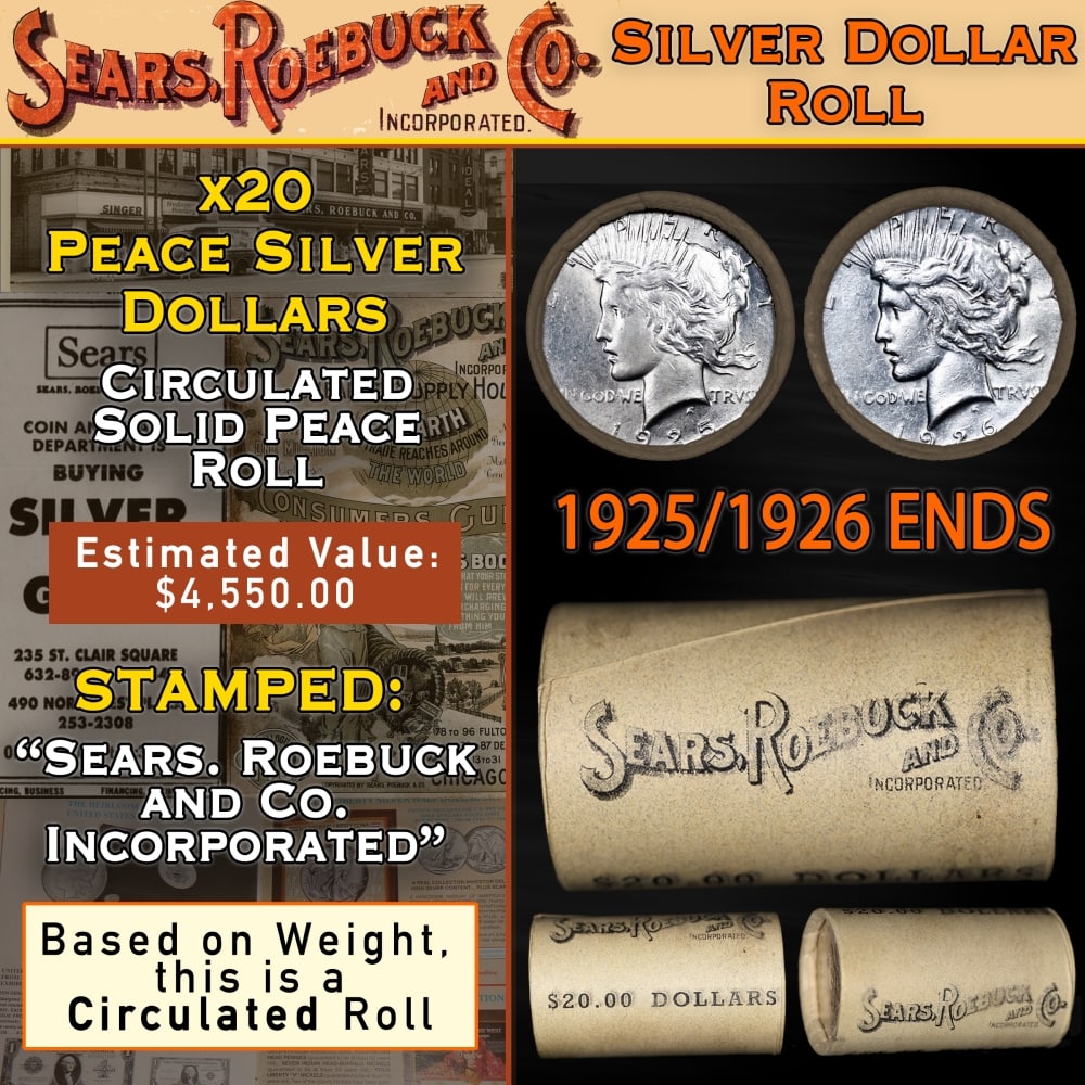 20 Peace Dollars $1 SEARS Roll Circ 1925/1926 Ends: 20 Peace Dollars $1 SEARS Roll Circ 1925/1926 Ends. Up For Auction is a 32- 20 Peace Dollars $1 SEARS Roll Circ 1925/1926 Ends Roll Weighing 524.3 g Based On this weight this is a Circ Roll We are