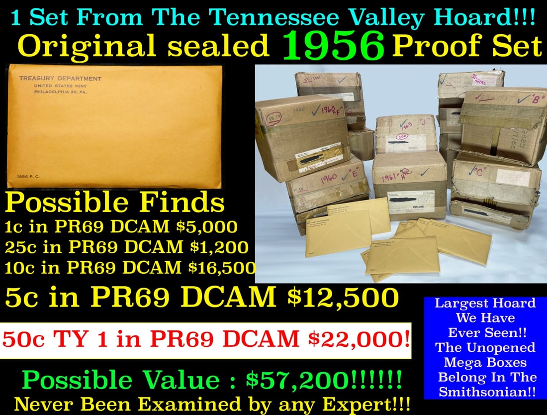 Original sealed 1956 United States Mint Proof Set Tennessee Valley Hoard: Original sealed 1956 United States Mint Proof Set Tennessee Valley Hoard. Original sealed 1958 United States Mint Proof Set Tennessee Valley Hoard. Once in a lifetime collection We are proud to bring