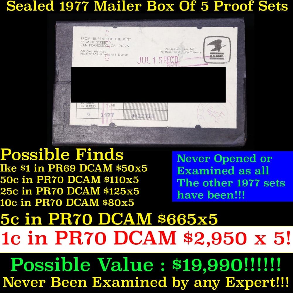 Original sealed box 5- 1977 United States Mint Proof Sets: Original sealed box 5- 1977 United States Mint Proof Sets. Up for Auction is an Unopened Mailer Box from 1977 containing 5 1977 Proof Sets!!!! Wow! - This Mailer Box is sealed exactly as it left the