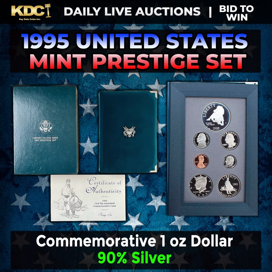 1995 United States Mint Prestige Proof Set With Box & COA: 1995 United States Mint Prestige Proof Set With Box & COA. 1995 Prestige Sets consist of proof version coins of the five U.S. circulating coins, along with commemoratives from the year of issue. As