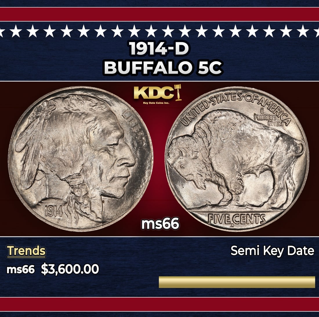 1914-d Buffalo Nickel 5c ms66 SEGS: 1914-d Buffalo Nickel 5c ms66 SEGS.