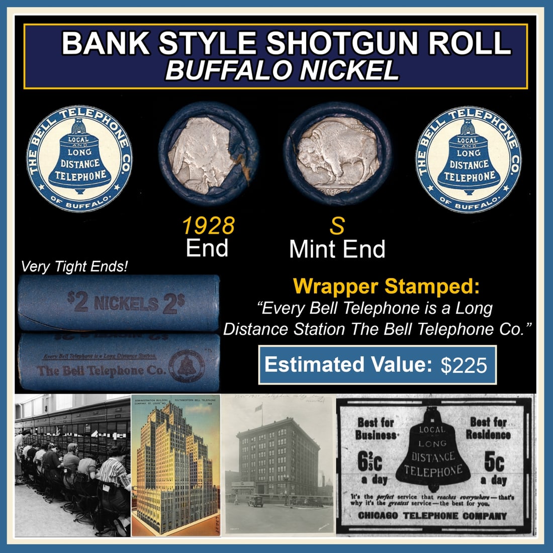 Buffalo Nickel Shotgun Roll in Old Bank Style 'Bell Telephone' Wrapper 1928 & S Mint Ends: Buffalo Nickel Shotgun Roll in Old Bank Style 'Bell Telephone' Wrapper 1928 & S Mint Ends. The roll is held in an old, rare "Bell Telephone Co." Bank style wrapper. This is the Bell Telephone logo