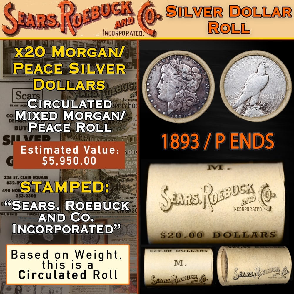 SEARS 20 Coin Mixed Morgan/Peace Dollar Roll Circ 1893/'P' Peace Ends: SEARS 20 Coin Mixed Morgan/Peace Dollar Roll Circ 1893/'P' Peace Ends. Up For Auction is a 84- SEARS 20 Coin Mixed Morgan/Peace Dollar Roll Circ 1893/Peace Ends Roll Weighing 535.3 g Based On this