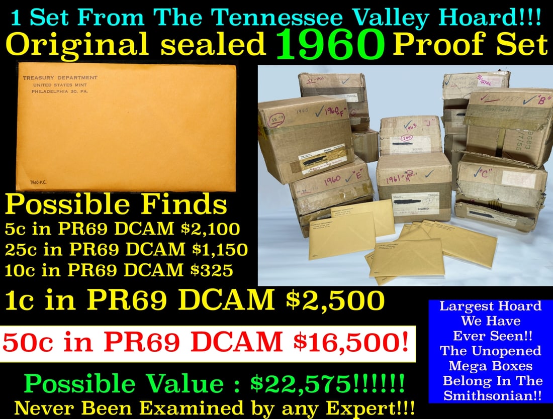 Original sealed 1960 United States Mint Proof Set Tennessee Valley Hoard: Original sealed 1960 United States Mint Proof Set Tennessee Valley Hoard. Once in a lifetime collection We are proud to bring to auction the greatest proof collection of the late 1950s and early
