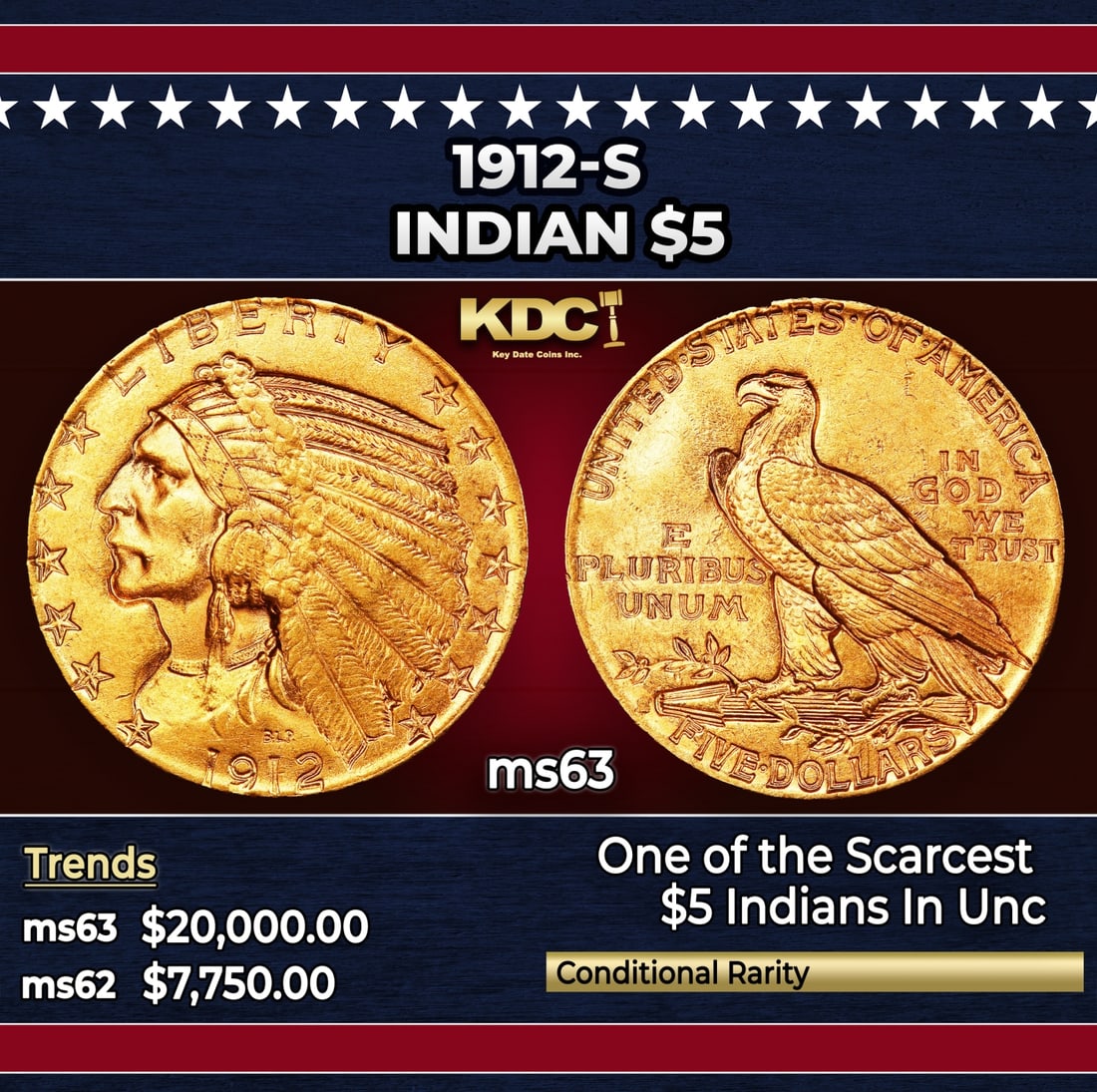 1912-s Gold Indian Half Eagle $5 ms63 USCG: 1912-s Gold Indian Half Eagle $5 ms63 USCG. This is a boldly colored example displaying rose-honey surfaces. It is also sharply struck in most areas with pleasing satin luster. The S mintmark is