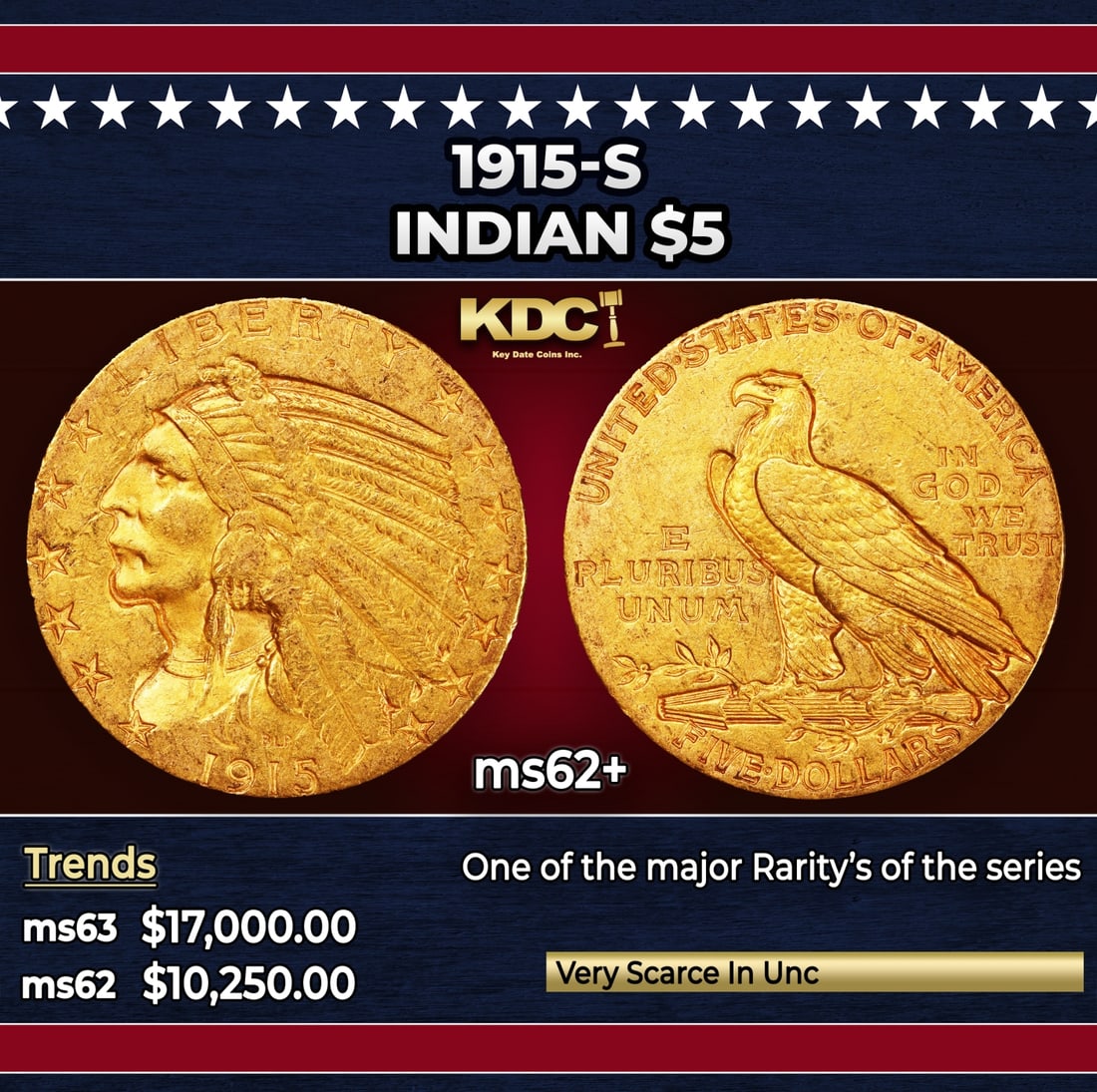 1915-s Gold Indian Half Eagle $5 ms62+ USCG: 1915-s Gold Indian Half Eagle $5 ms62+ USCG. This handsome and inviting example would serve with distinction in an advanced Indian half eagle set. Lustrous surfaces exhibit vivid orange-gold patina