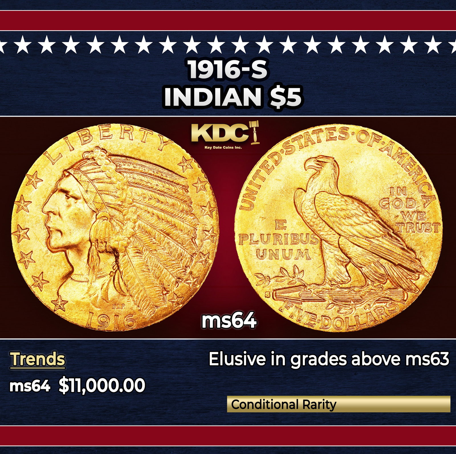 1916-s Gold Indian Half Eagle $5 ms64 SEGS: 1916-s Gold Indian Half Eagle $5 ms64 SEGS.