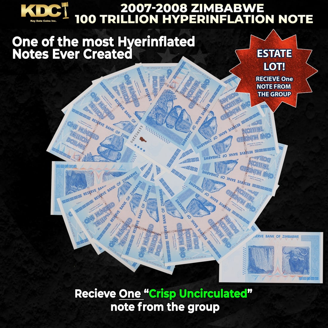 1x 2007-2008 Zimbabwe 100 Trillion Hyperinflation Note Grades CU (1 of 1)