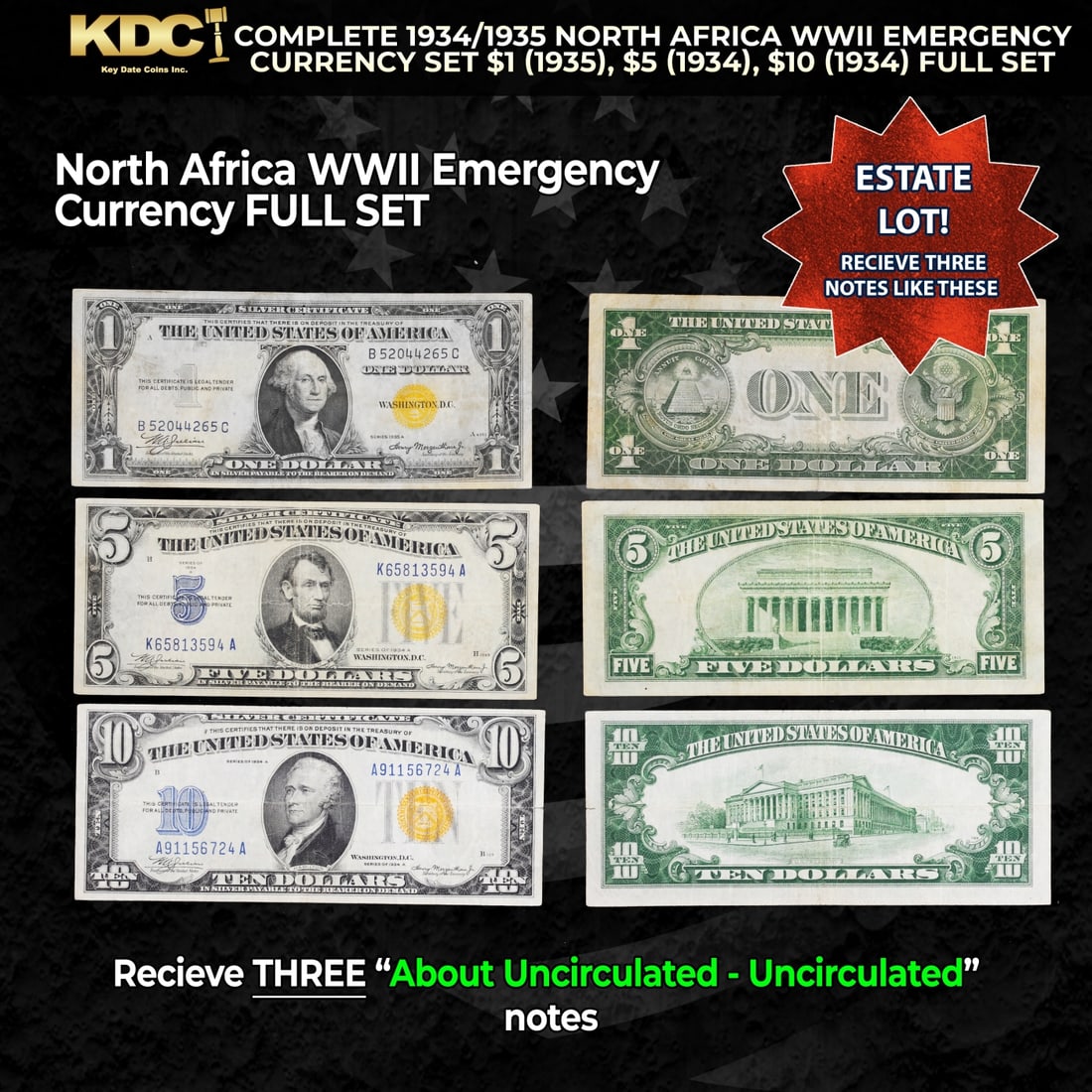 Complete 1934/1935 North Africa WWII Emergency Currency Set $1, $5, $10 FULL SET Grades AU/CU: Complete 1934/1935 North Africa WWII Emergency Currency Set $1, $5, $10 FULL SET Grades AU/CU. It was the darkest days of World War II, just after Pearl Harbor. Were the Nazis under Field Marshall Rom