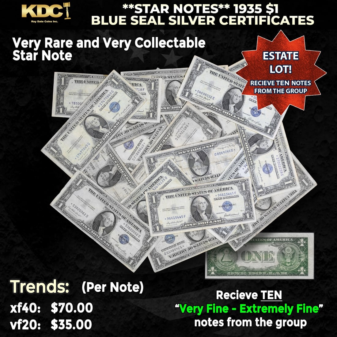 10x **STAR NOTES** 1935 $1 Blue Seal Silver Certificates Grades VF/XF: 10x **STAR NOTES** 1935 $1 Blue Seal Silver Certificates Grades VF/XF. When notes are discovered that have been printed incorrectly (such as having the serial numbers upside down, etc.) the