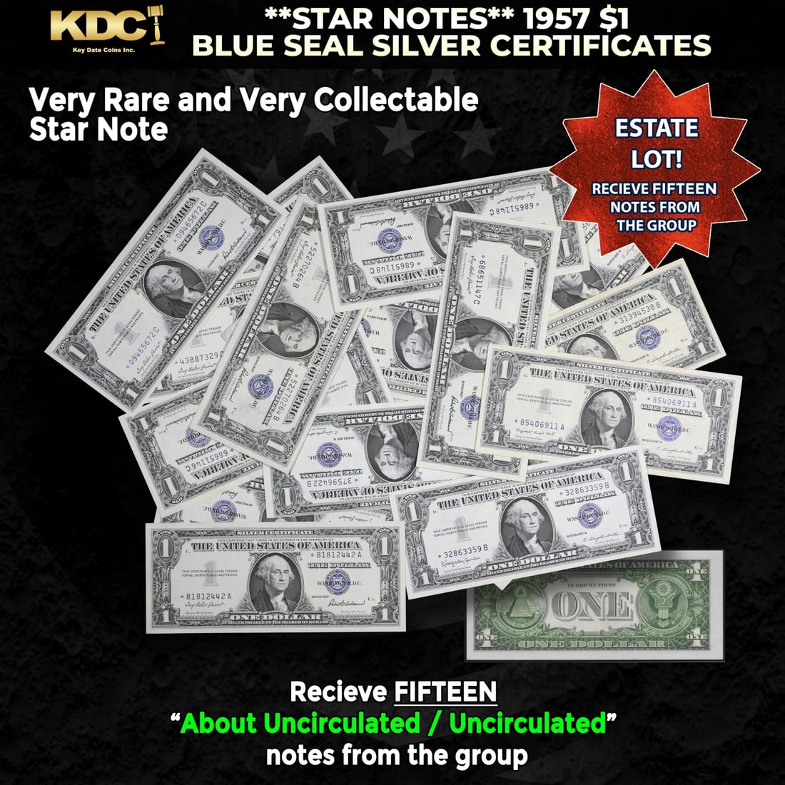 15x **STAR NOTES** 1957 $1 Blue Seal Silver Certificates Grades AU/CU: 15x **STAR NOTES** 1957 $1 Blue Seal Silver Certificates Grades AU/CU. When notes are discovered that have been printed incorrectly (such as having the serial numbers upside down, etc.) the misprinted