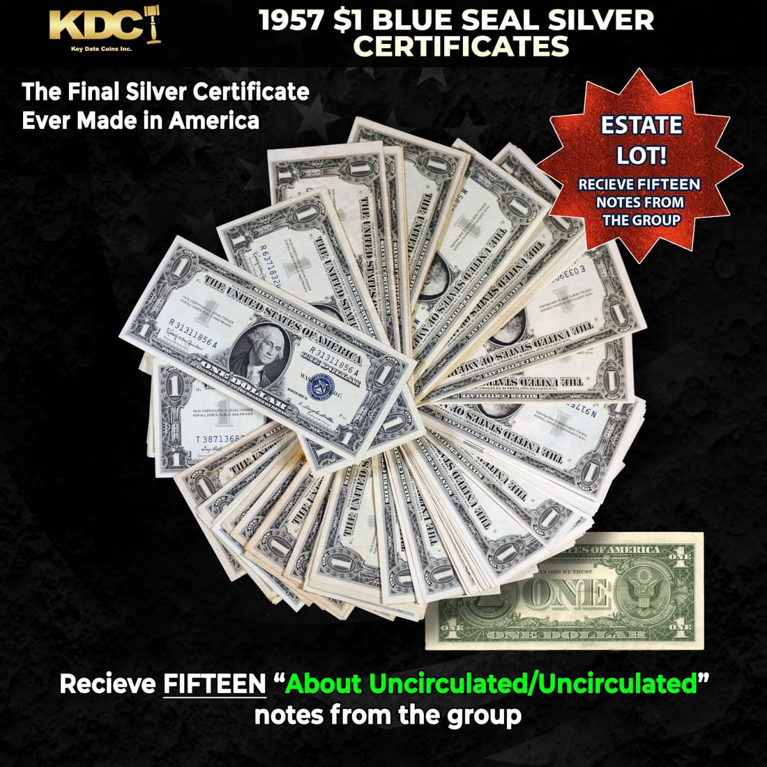 15x 1957 $1 Blue Seal Silver Certificates Grades AU/CU: 15x 1957 $1 Blue Seal Silver Certificates Grades AU/CU. Silver Certificates were redeemable in Silver. One of their most distinctive qualities is the blue Treasury seal and serial numbers. These notes