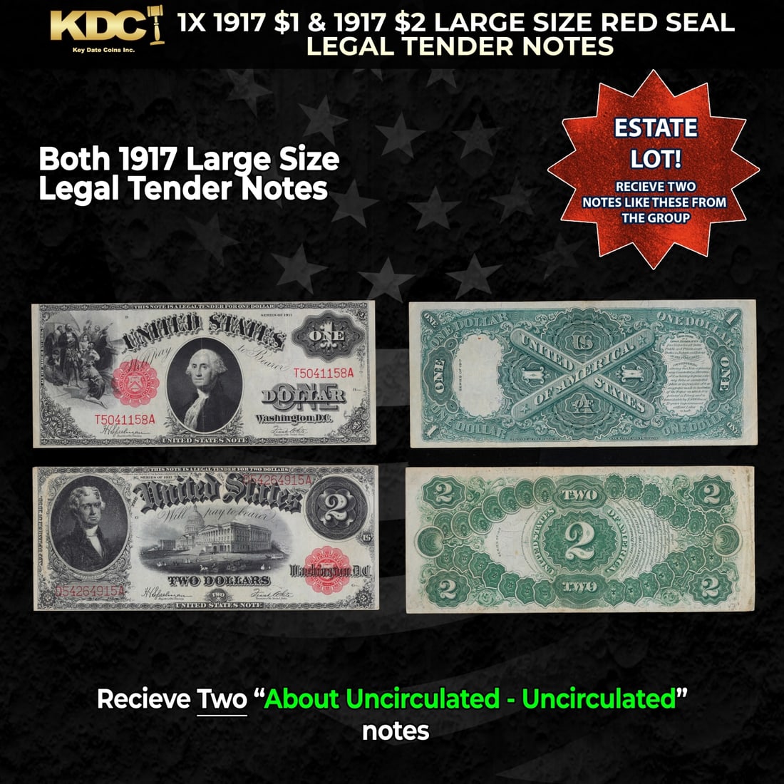 1x 1917 $1 & 1917 $2 Large Size Red Seal Legal Tender Notes Grades AU/CU (1 of 1)