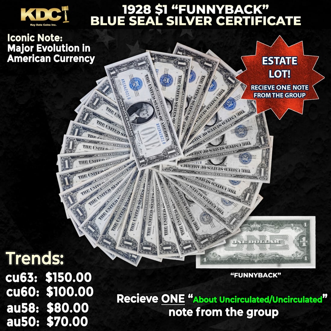 1x 1928 $1 Funnyback Blue Seal Silver Certificate Grades AU/CU: 1x 1928 $1 Funnyback Blue Seal Silver Certificate Grades AU/CU. These were the first notes to be called funnybacks. The reason they are called funnybacks is because of the unique design on the back