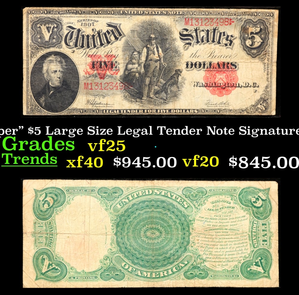 1907 $5 Large Size Legal Tender Note "WoodChopper" Grades vf+ Signatures Speelman/White: 1907 $5 Large Size Legal Tender Note "WoodChopper" Grades vf+ Signatures Speelman/White. FR-91 It is one of the most sought-after notes ever produced and now you can claim one for yourself! Nicknamed