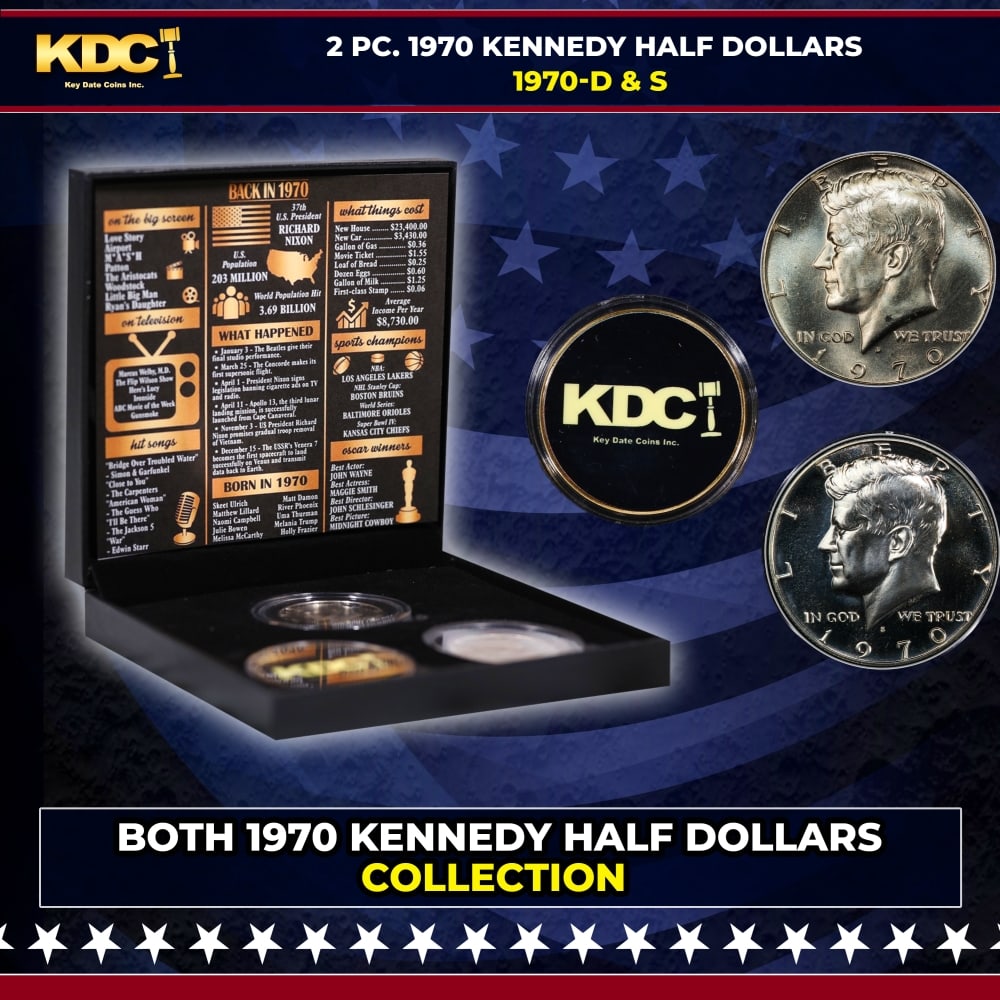 Complete 2 PC. 1970 Kennedy Half Dollar 50c set In Custom Box W/ Special Backer Card BU & Proof C...: Complete 2 PC. 1970 Kennedy Half Dollar 50c set In Custom Box W/ Special Backer Card BU & Proof COOL!. Please Note All Backer Cards may have slight differences but will be very similar if not