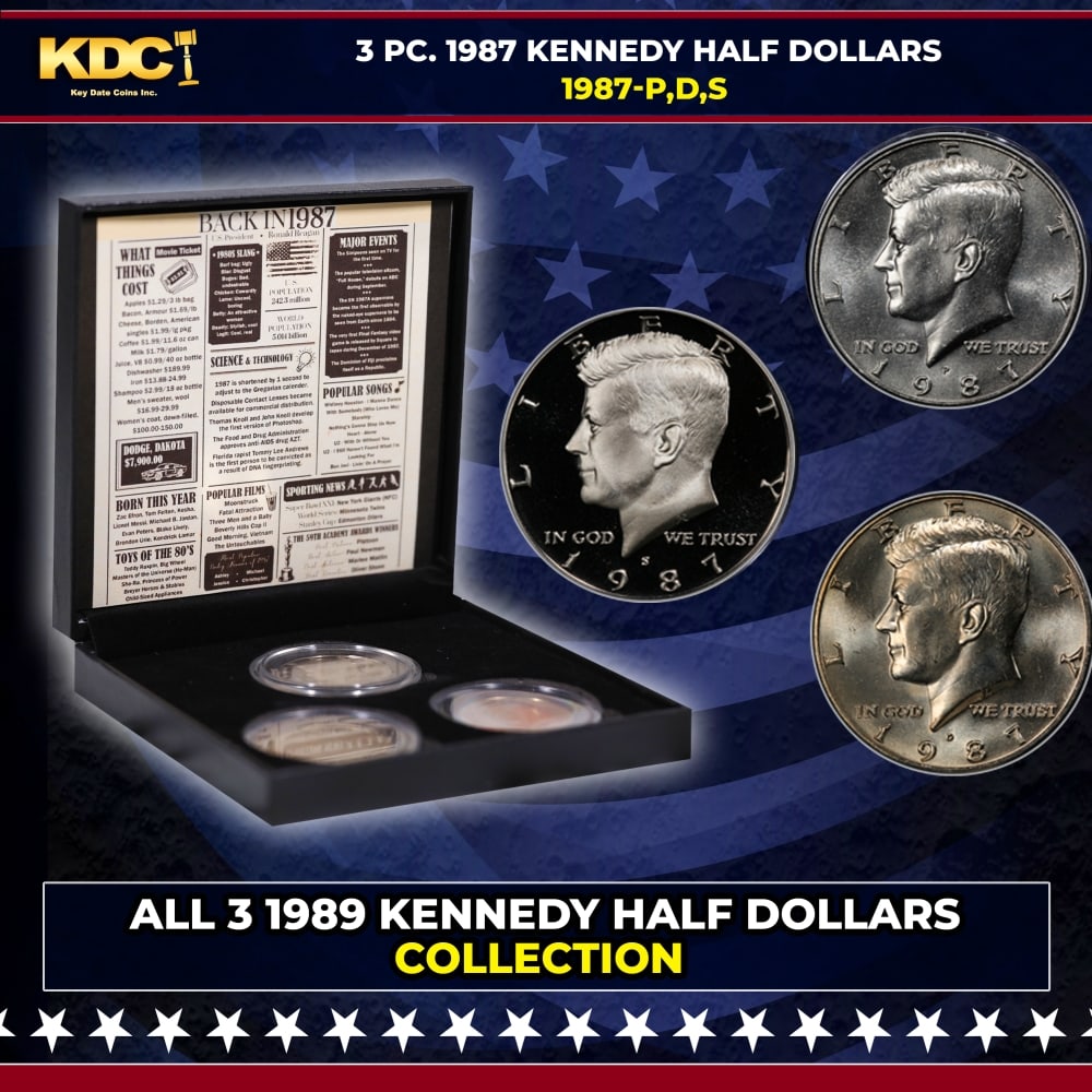 Complete 3 PC. 1987 Kennedy Half Dollar 50c set In Custom Box W/ Special Backer Card BU & Proof C...: Complete 3 PC. 1987 Kennedy Half Dollar 50c set In Custom Box W/ Special Backer Card BU & Proof COOL!. Please Note All Backer Cards may have slight differences but will be very similar if not