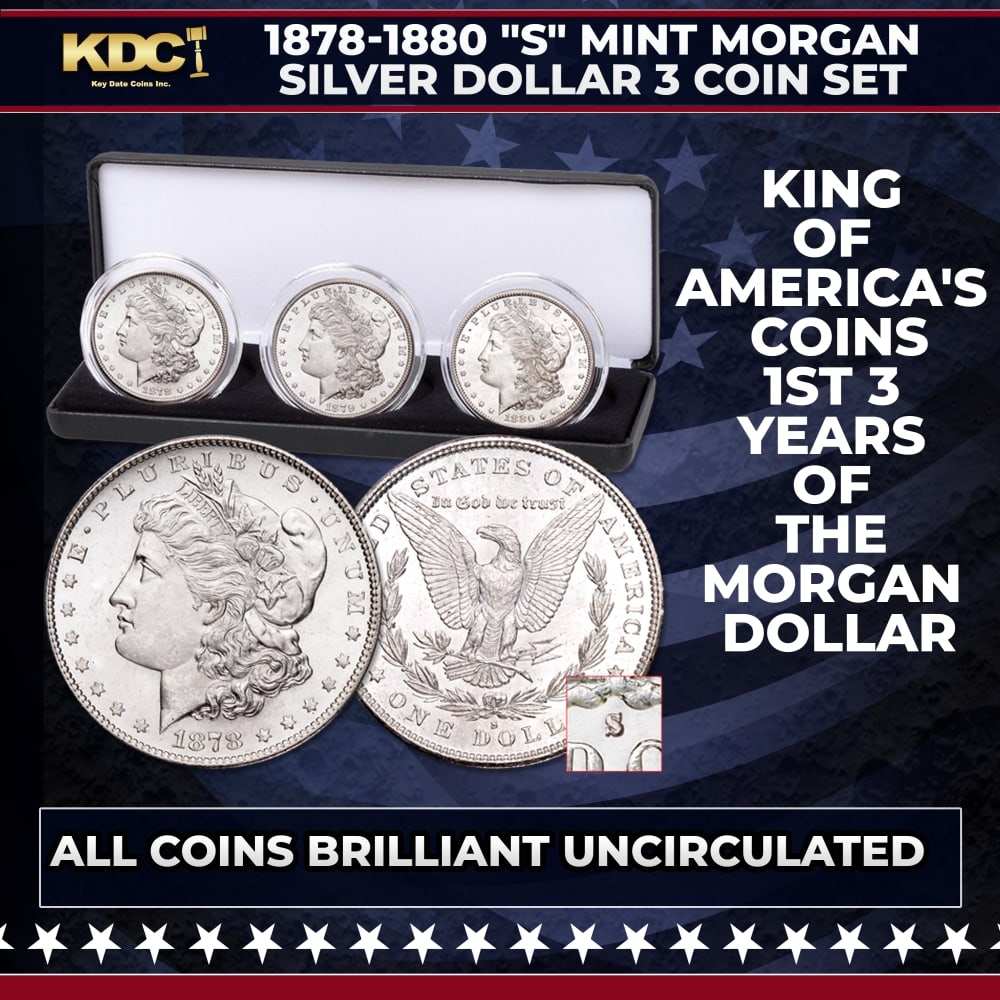 1878-1880 "S" Mint Morgan Silver Dollar 3 Coin Set With Case Uncirculated. 1st 3 Years Of The Mor...: 1878-1880 "S" Mint Morgan Silver Dollar 3 Coin Set With Case Uncirculated. 1st 3 Years Of The Morgan Dollar. Here's a handsome set of 90% silver Morgan dollars from the first 3 years of the series