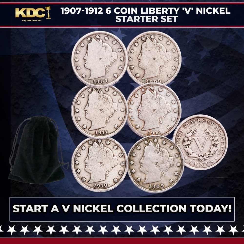 1907-1912 6 Coin Liberty 'V' Nickel Starter Set: 1907-1912 6 Coin Liberty 'V' Nickel Starter Set. Please Note All Backer Cards may have slight differences but will be very similar if not identical to the one in the photo
