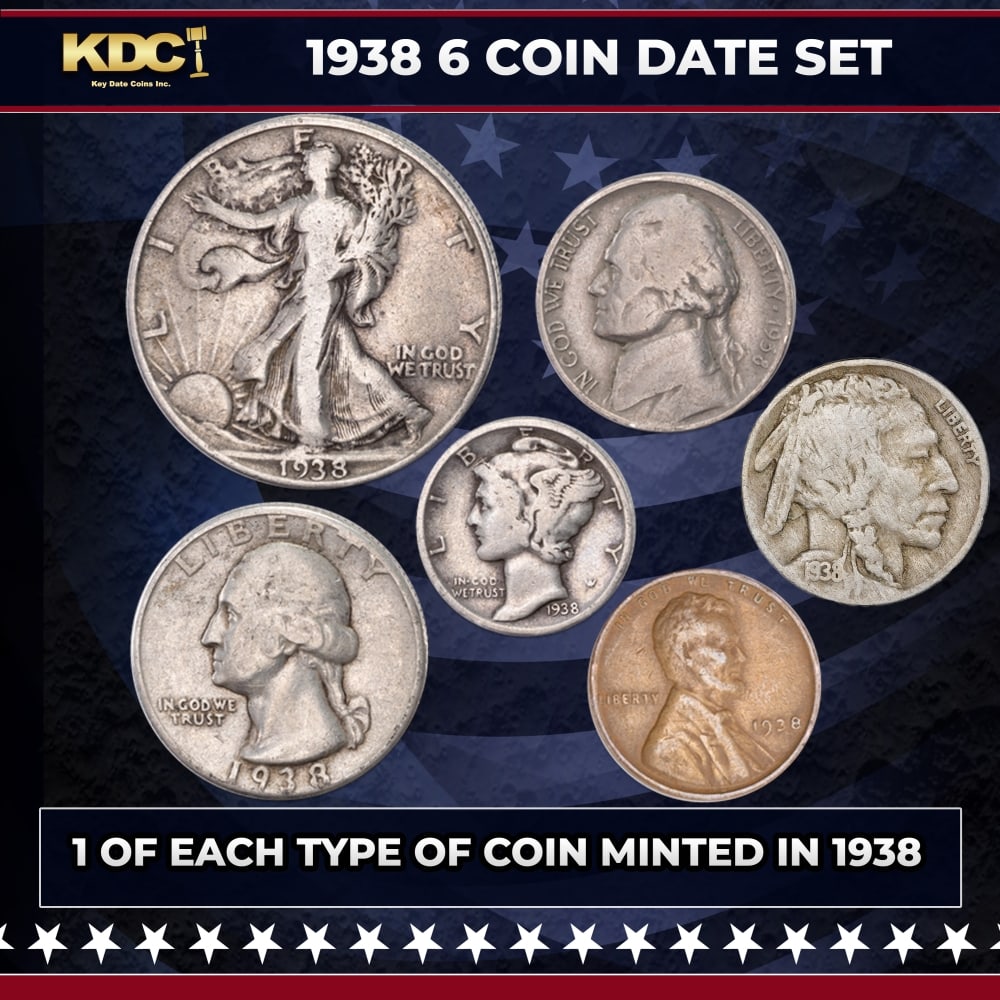 1938 6 Coin Date Set, 1 Of Each Type Of Coin Minted in 1938: 1938 6 Coin Date Set, 1 Of Each Type Of Coin Minted in 1938. If you're a fan of U.S. coins, you'll love this popular Year Set from 1947. It includes some of America's most sought-after coins. Included