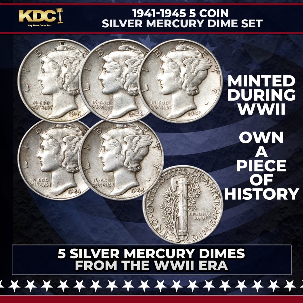 1941-1945 5 Coin Silver Mercury Dime "WWII Set": 1941-1945 5 Coin Silver Mercury Dime "WWII Set". This 5-coin Mercury dime year set, recalls the brave men and women who answered duty's call. You'll collect one coin from each of the war years