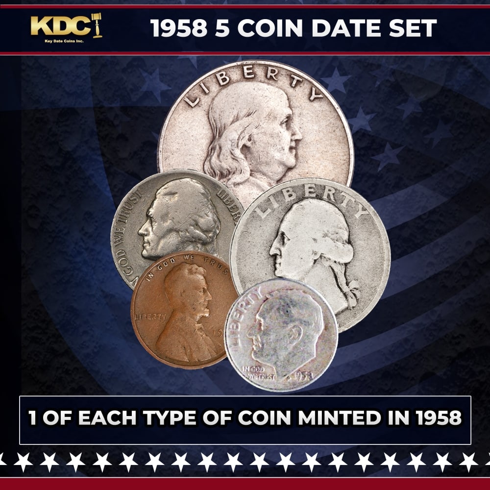 1958 5 Coin Date Set, 1 Of Each Type Of Coin Minted in 1958: 1958 5 Coin Date Set, 1 Of Each Type Of Coin Minted in 1958. Please Note All Backer Cards may have slight differences but will be very similar if not identical to the one in the photo