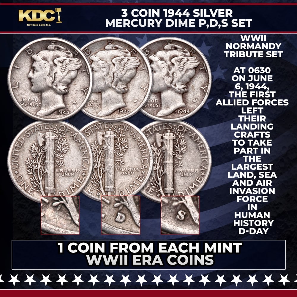 3 Coin 1944 Silver Mercury Dime P,D,S WWII Tribute Set: 3 Coin 1944 Silver Mercury Dime P,D,S WWII Tribute Set. At 0630 on June 6, 1944, the first Allied forces left their landing crafts to take part in the largest land, sea and air invasion force in