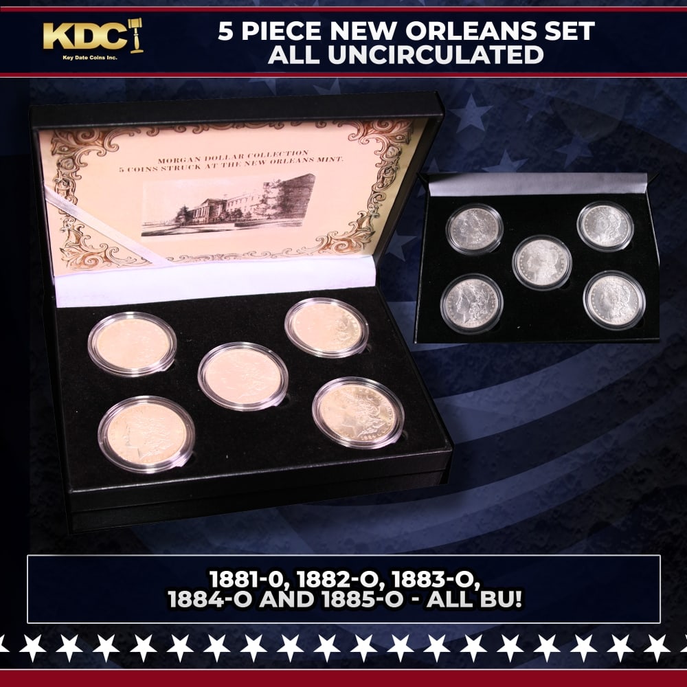 5x Coin New Orleans MORGAN Set 1881-o Through 1885-o ALL UNC, 5 Morgan Dollars: 5x Coin New Orleans MORGAN Set 1881-o Through 1885-o ALL UNC, 5 Morgan Dollars. Please Note All Backer Cards may have slight differences but will be very similar if not identical to the one in the