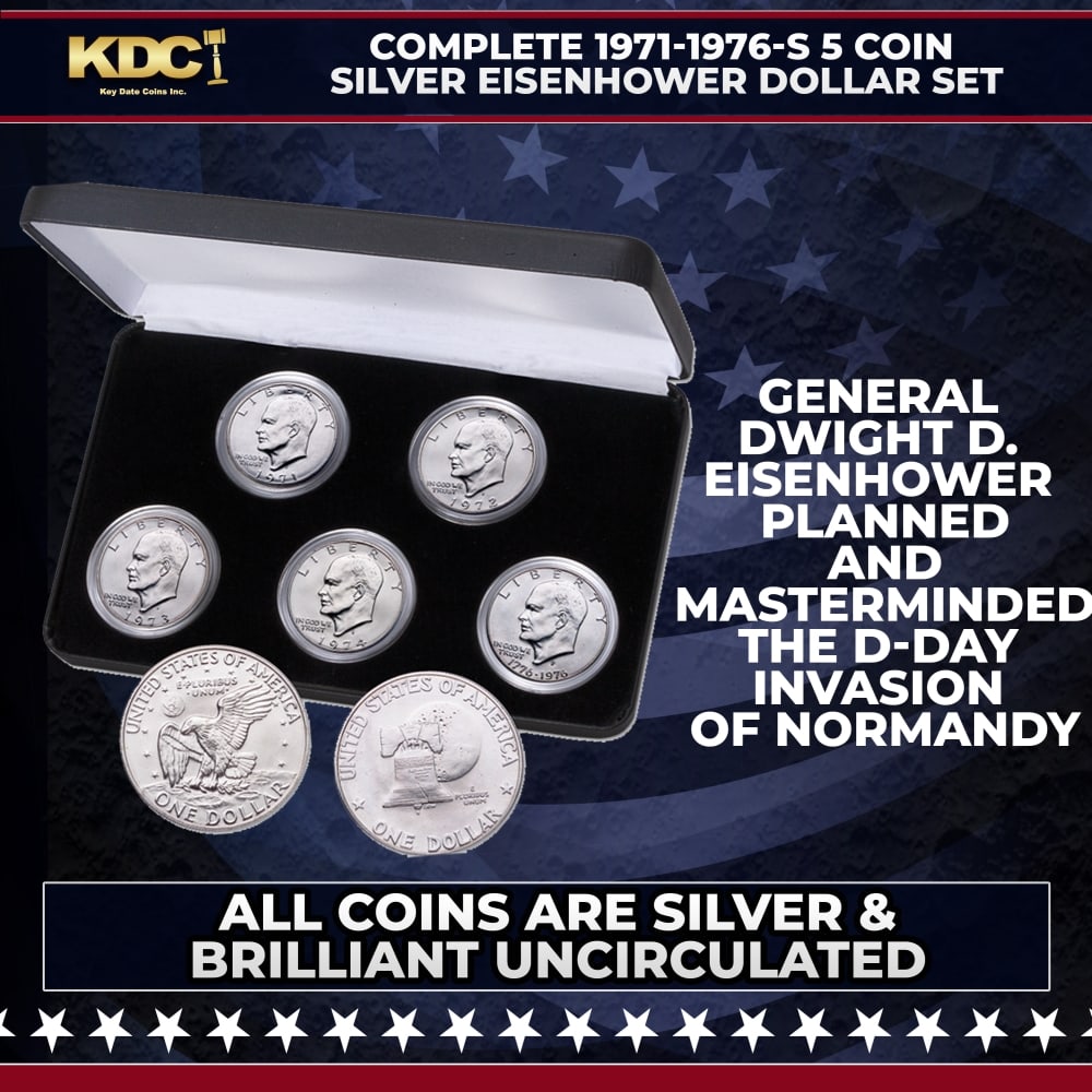 Complete 1971-1976-s 5 Coin Silver Eisenhower Dollar Set Uncirculated: Complete 1971-1976-s 5 Coin Silver Eisenhower Dollar Set Uncirculated. Recall one of America’s greatest military leaders with this complete 1971-1976 set of all five silver clad Uncirculated