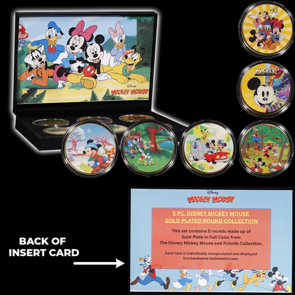 6 PC. Mickey Mouse & Friends Gold Plated Round Collection In Custom Box W/ Special Backer card - 4