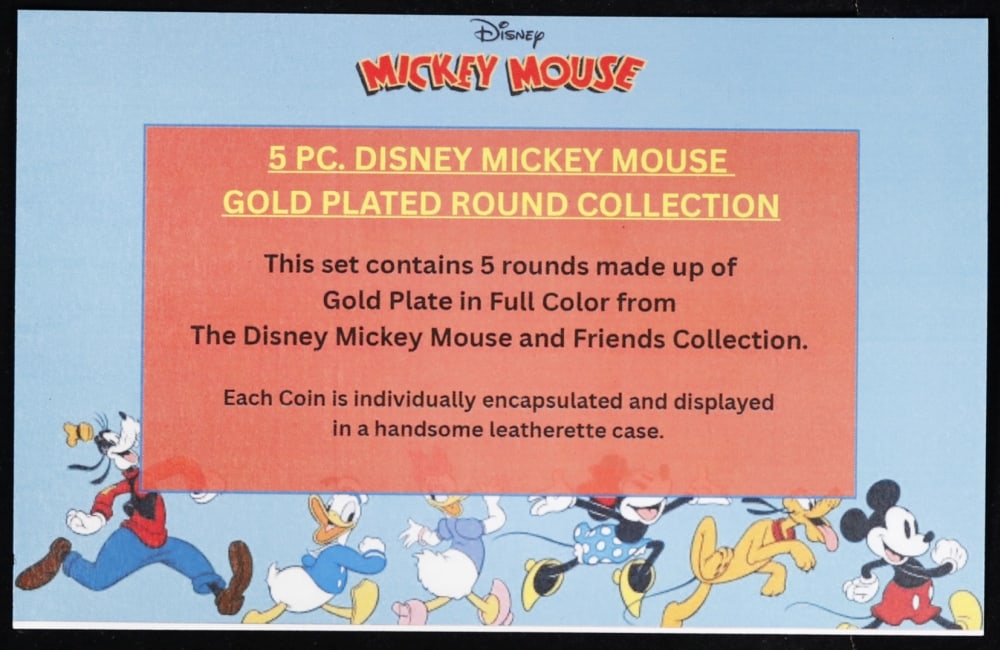 6 PC. Mickey Mouse & Friends Gold Plated Round Collection In Custom Box W/ Special Backer card - 6