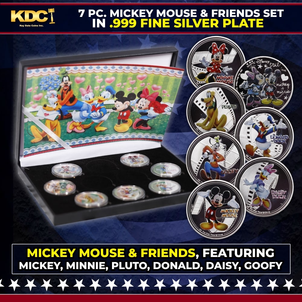 7 Coin Mickey Mouse & Friends .999 Fine Silver Plated Round Collection: 7 Coin Mickey Mouse & Friends .999 Fine Silver Plated Round Collection. Please Note All Backer Cards may have slight differences but will be very similar if not identical to the one in the photo