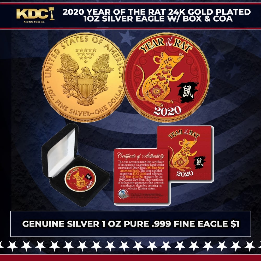 2020 Year of The Rat 24K Gold Plated 1oz Silver Eagle w/ Box & COA Other Toy: 2020 Year of The Rat 24K Gold Plated 1oz Silver Eagle w/ Box & COA. This is your chance to own a .999 Fine Silver Eagle $1 coin, beautifully enhanced with Polychromatic artwork from the Chinese
